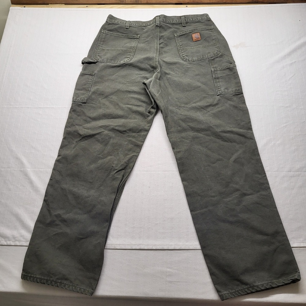 Carhartt Canvas Work Pants Mens Actual 36/33 Green Relaxed Carpenter Distressed - Picture 14 of 16